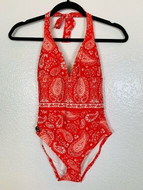 Michael Kors One Piece Swimsuit Womens‎ Size 6 Red Bandana Print Halter NEW NWT